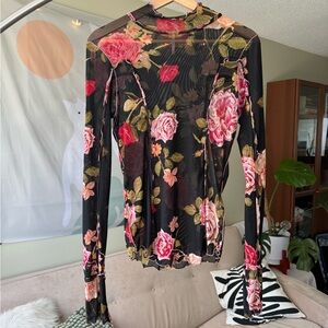 free people sheer long sleeve floral top! size M